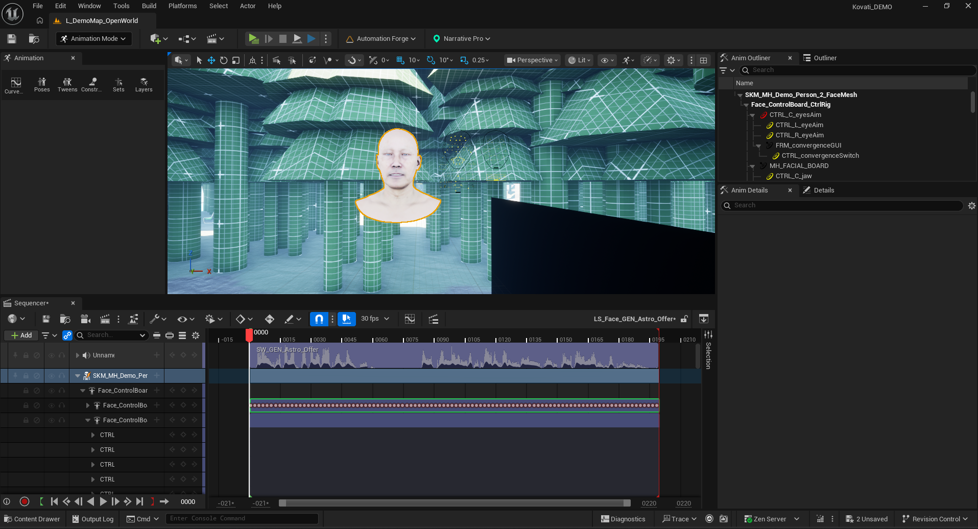 The Unreal editor in Animation Mode with LS_Face_GEN_Astro_Offer open. The viewport shows a MetaHuman head and shoulders selected with an orange outline, surrounded by the dotted control shapes of the face board rig. An Anim Outliner on the right lists SKM_MH_Demo_Person_2_FaceMesh, then Face_ControlBoard_CtrlRig, then controls CTRL_C_eyesAim, CTRL_L_eyeAim, CTRL_R_eyeAim, FRM_convergenceGUI, CTRL_convergenceSwitch, MH_FACIAL_BOARD and CTRL_C_jaw. At the bottom, Sequencer shows the audio track SW_GEN_Astro_Offer with its waveform, the SKM_MH_Demo_Per binding, and two stacked Face_ControlBoard sections — one dense with keys on every frame, one empty below it — above rows of CTRL channels.