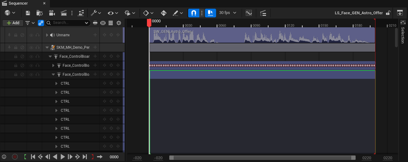 A close view of the Sequencer panel for LS_Face_GEN_Astro_Offer at 30 fps. The track list shows an unnamed audio track, the SKM_MH_Demo_Per binding, and three nested Face_ControlBoard rows above a column of CTRL channels. In the timeline, the audio section SW_GEN_Astro_Offer carries a speech waveform across roughly 200 frames; below it sits a section whose key row is dense with keys on every single frame, and beneath that a second, green-outlined section holding none.