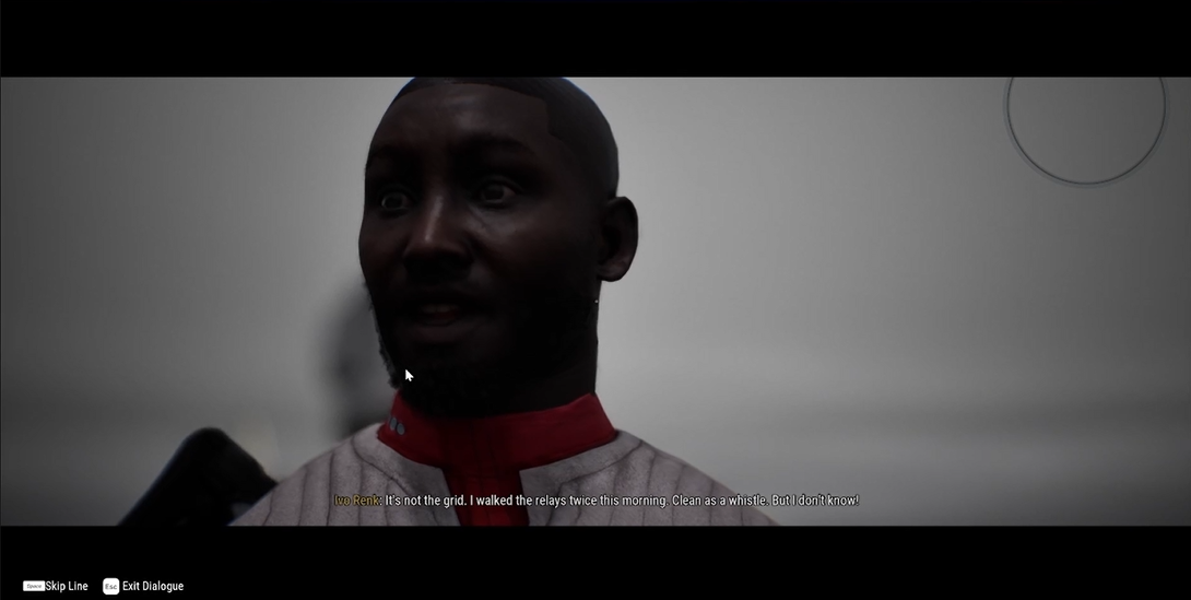 An in-game dialogue in the Colony demo, letterboxed. Ivo Renk fills the frame in close-up, a bald man with a beard in a white and red collared uniform, eyes wide and mouth open mid-word. A subtitle reads 'Ivo Renk: It's not the grid. I walked the relays twice this morning. Clean as a whistle. But I don't know!' with the speaker name in orange. Prompts at the bottom left offer Skip Line and Exit Dialogue.