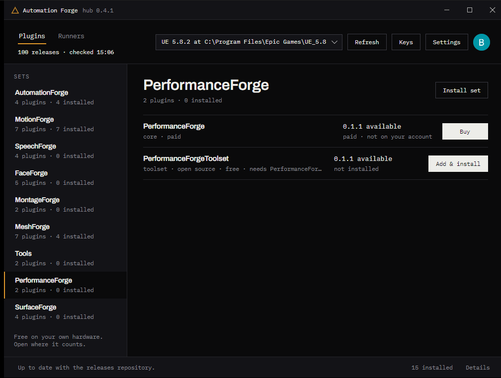 The hub's Plugins tab. A sidebar lists the nine sets with how many plugins each has and how many are installed. The PerformanceForge set is selected, showing two plugins: PerformanceForge, marked core and paid, with a Buy button and the note 'paid · not on your account'; and PerformanceForgeToolset, marked toolset, open source and free, with an 'Add & install' button.