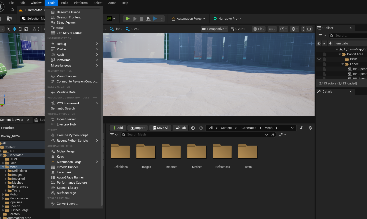 The Unreal editor with the Tools menu open and scrolled to its Automation Forge section. Beneath that heading are MotionForge, Keys, an Automation Forge submenu, Kimodo Runner, Face Bank, Audio2Face Runner, Performance Capture, Speech Library and SurfaceForge; engine sections such as Revision Control, Data Validation and Python sit above it. The Content Browser below shows the project's _Generated tree with Face, Mesh, Motion, Performance, Pipelines, Speech and SurfaceForge folders, with Mesh open on Definitions, Images, Imported, Meshes, References and Tests.