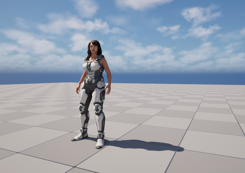 A MetaHuman character standing on a grey checkered floor in a test level, wearing white and teal sci-fi armour: a fitted chest plate with shoulder hardware, matching thigh and shin plates, and boots. The armour follows the body's proportions and the character is lit and shadowed as part of the scene.