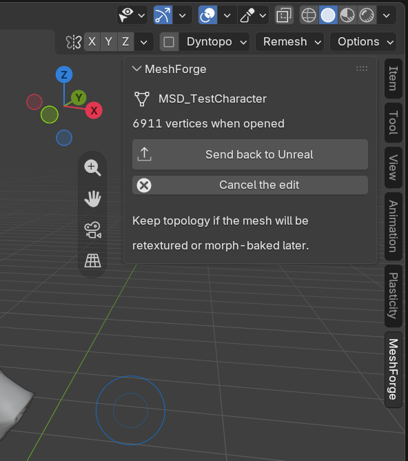 The MeshForge sidebar tab open in Blender. It names the definition MSD_TestCharacter, states '6911 vertices when opened', and offers two buttons: 'Send back to Unreal' and 'Cancel the edit'. Beneath them a note reads: keep topology if the mesh will be retextured or morph-baked later.