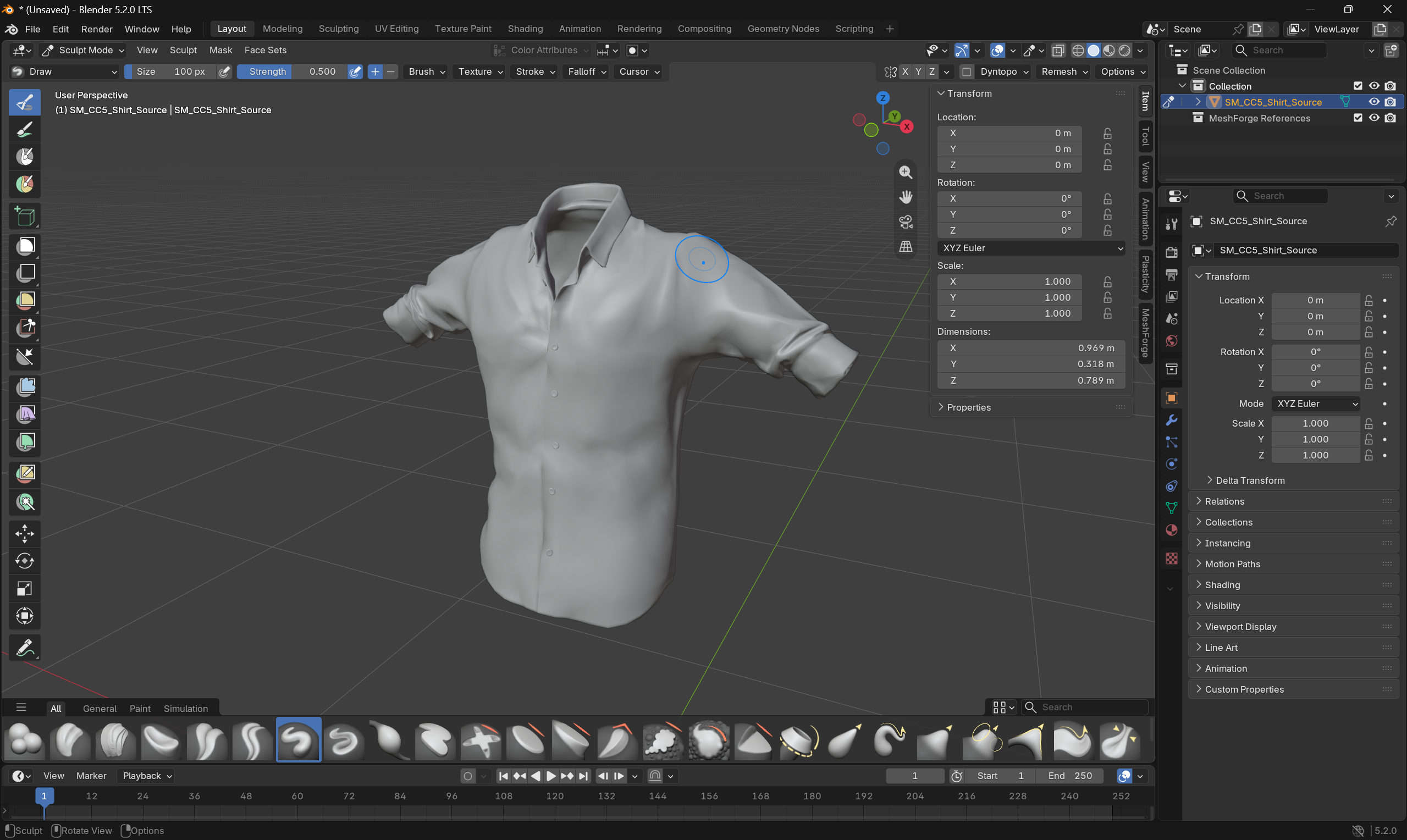 Blender 5.2 LTS in Sculpt Mode, showing a grey shirt mesh named SM_CC5_Shirt_Source with a brush cursor on its shoulder. The outliner lists the shirt alongside a separate 'MeshForge References' collection. A vertical tab strip on the right of the viewport carries the usual Item, Tool, View and Animation tabs plus one labelled MeshForge.