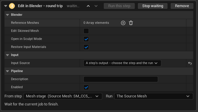 The 'Edit in Blender — round trip' step in Unreal, marked 'waiting…', with Run this step greyed out and a Stop waiting button beside Remove. A Blender group holds an empty Reference Meshes array, an unticked Edit Skinned Mesh, and ticked Open in Sculpt Mode and Restore Input Materials. The Input Source is set to 'A step's output — choose the step and the run', resolved below by two pickers reading From step 'Mesh stage (Source Mesh: SM_CC5_…)' and Run 'The Source Mesh'. A line at the foot reads 'Wait for the current job to finish.'