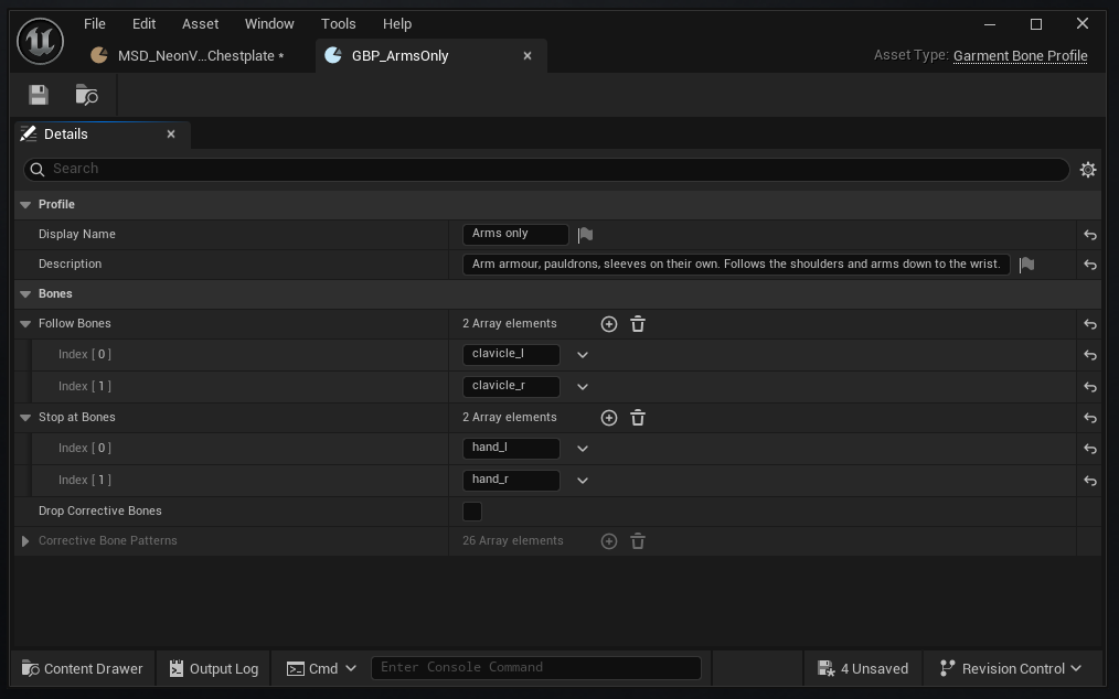 The GBP_ArmsOnly asset open in its editor, marked Asset Type: Garment Bone Profile. Its Profile group sets Display Name to 'Arms only' and Description to 'Arm armour, pauldrons, sleeves on their own. Follows the shoulders and arms down to the wrist.' A Bones group lists Follow Bones with two entries, clavicle_l and clavicle_r, and Stop at Bones with two entries, hand_l and hand_r. Drop Corrective Bones is unticked, and a greyed Corrective Bone Patterns array holds 26 elements.