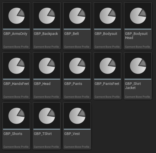 Thirteen Garment Bone Profile assets in the Content Browser, each showing the default data-asset icon: GBP_ArmsOnly, GBP_Backpack, GBP_Belt, GBP_Bodysuit, GBP_BodysuitHead, GBP_HandsFeet, GBP_Head, GBP_Pants, GBP_PantsFeet, GBP_ShirtJacket, GBP_Shorts, GBP_TShirt and GBP_Vest.