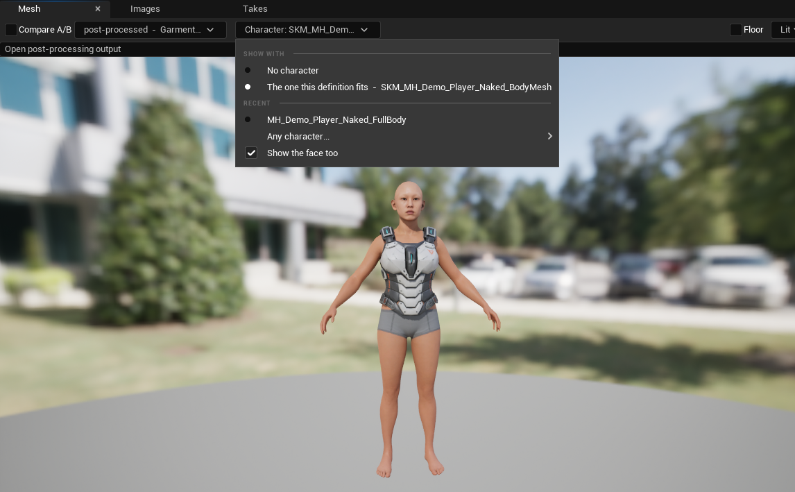 The Character picker open over the Mesh tab, which shows a MetaHuman wearing the chest plate. The menu is headed SHOW WITH and offers 'No character' and 'The one this definition fits — SKM_MH_Demo_Player_Naked_BodyMesh'. A RECENT section below lists MH_Demo_Player_Naked_FullBody and an 'Any character…' submenu. At the foot, 'Show the face too' is ticked.