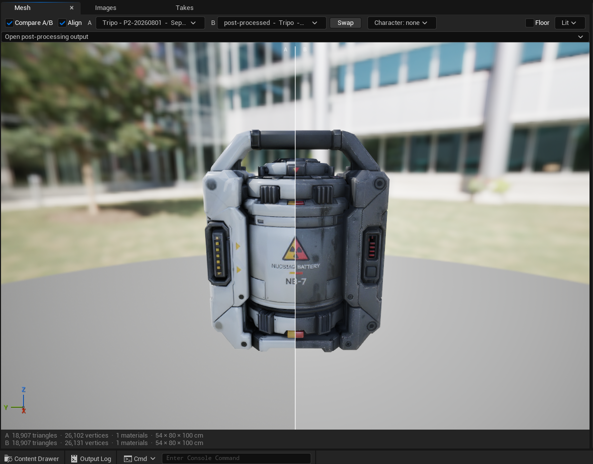 The Mesh viewer with Compare A/B and Align both ticked. A nuclear battery prop, labelled NB-7, is split down the middle by a vertical wipe: the left half is the raw Tripo take, the right half the post-processed version, visibly darker and more weathered. Pickers above name A as 'Tripo — P2-20260801' and B as 'post-processed — Tripo', with a Swap button between them. The status bar reads A at 18,907 triangles and 26,102 vertices, B at 18,907 triangles and 26,131 vertices, both 1 material and 54 by 80 by 100 cm.