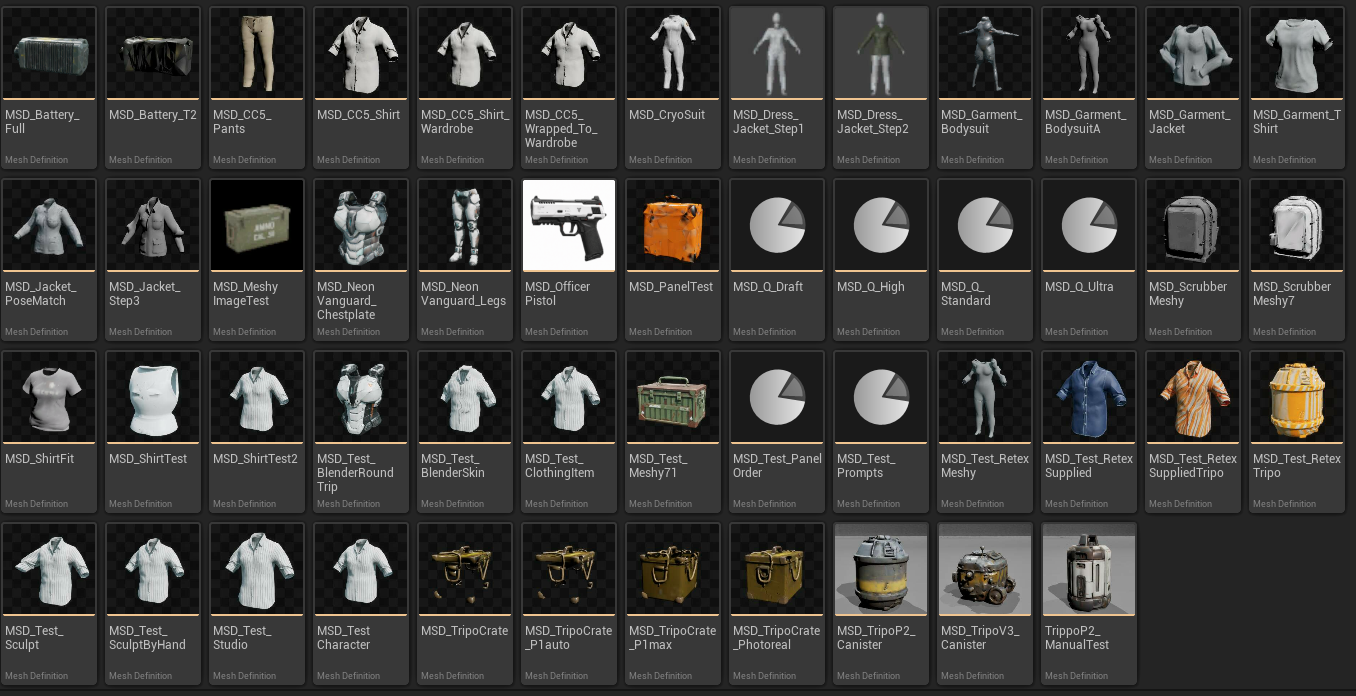 A grid of Mesh Definition tiles in the Content Browser, each rendering its own generated result: battery packs, trousers, shirts and a wardrobe shirt, a cryo suit, two dress jackets on bodies, bodysuits, a jacket and a T-shirt, chest and leg armour, a pistol, a toolbox, backpacks, ammunition crates, canisters and retextured shirts. Four tiles named MSD_Q_Draft, MSD_Q_High, MSD_Q_Standard and MSD_Q_Ultra show the plain default asset icon instead. Every tile is labelled Mesh Definition.