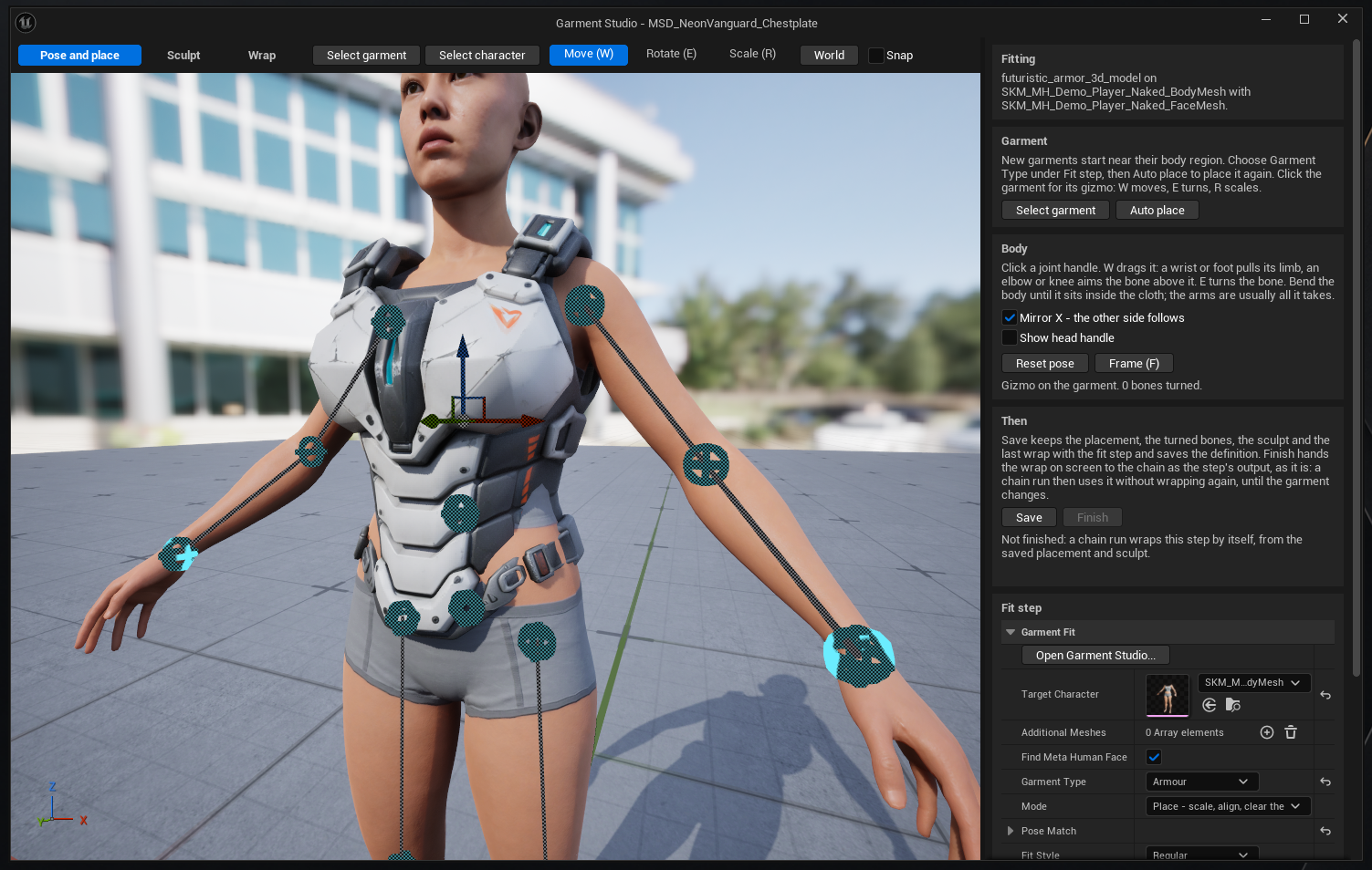 The Garment Studio in Pose and place with Move highlighted. A translation gizmo sits on the chest plate itself, and the readout reads 'Gizmo on the garment. 0 bones turned.' The joint handles remain visible across the body.