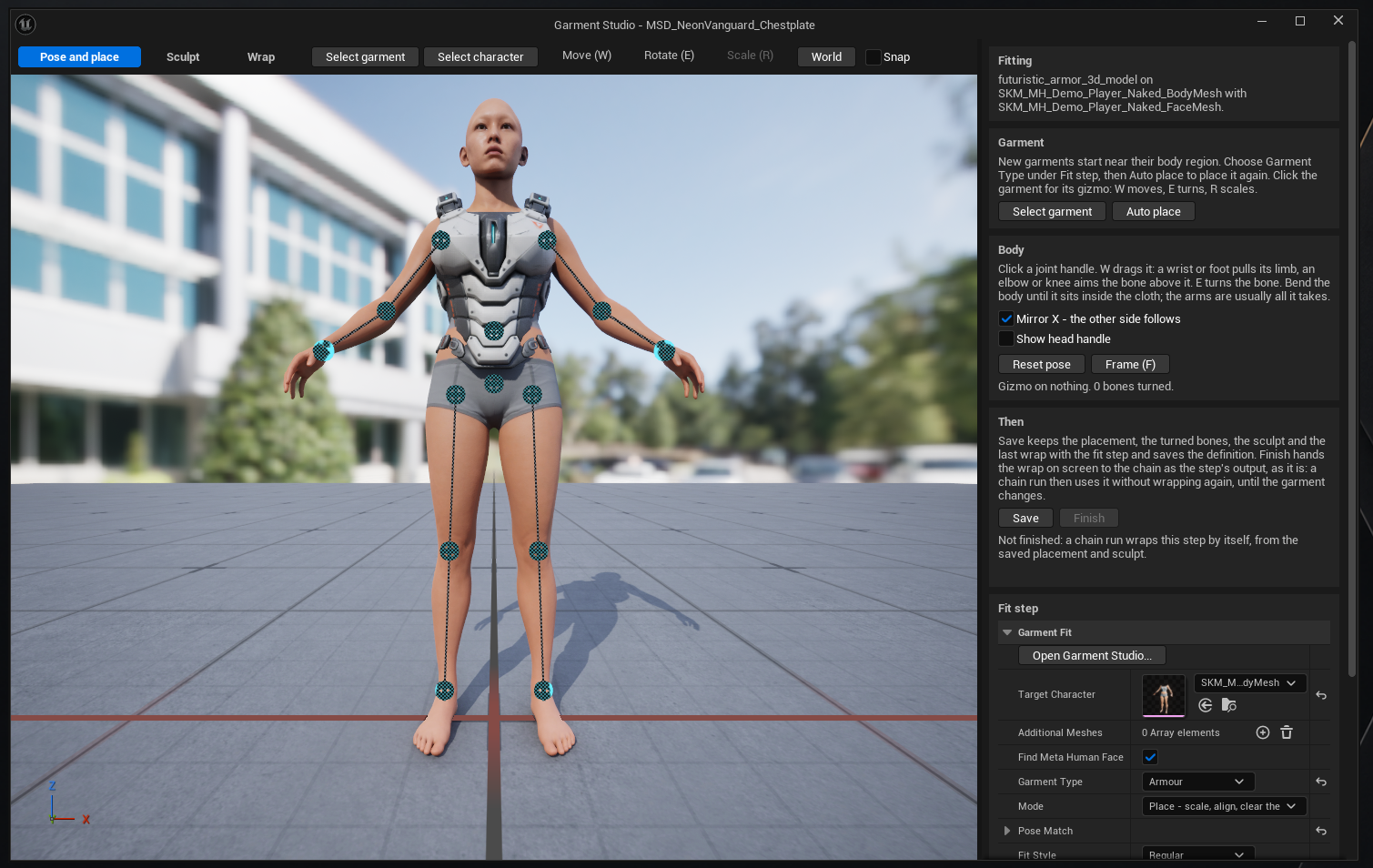 The Garment Studio window titled for the Neon Vanguard chest plate. Mode tabs read Pose and place, selected, then Sculpt and Wrap; beside them are Select garment, Select character, Move, Rotate, Scale, World and Snap. The viewport shows a MetaHuman standing in the armour, with cyan joint handles on shoulders, elbows, wrists, chest, hips, knees and feet. The right panel is divided into Fitting, which names the garment and both the body and face meshes; Garment, explaining that new garments start near their body region and offering Select garment and Auto place; Body, explaining that clicking a joint handle lets W drag it and E turn the bone, with Mirror X ticked, a Show head handle option, Reset pose and Frame buttons, and the readout 'Gizmo on nothing. 0 bones turned.'; and Then, explaining what Save and Finish each do. The fit step's settings are repeated at the bottom.