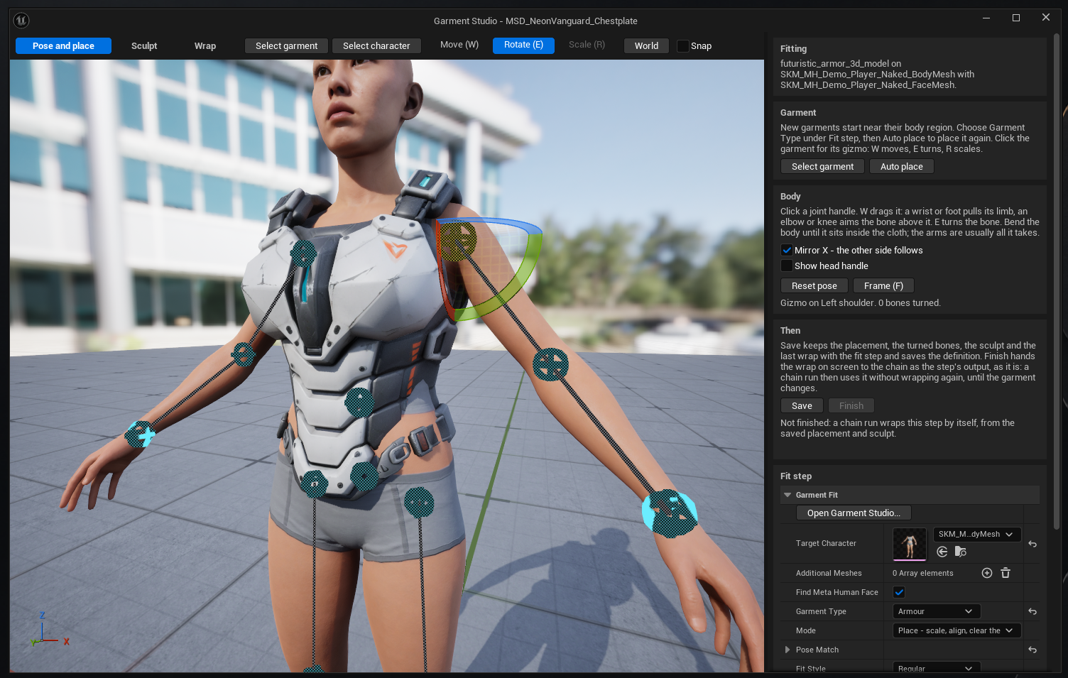 The Garment Studio in Pose and place with Rotate highlighted. A coloured rotation gizmo sits on the character's left shoulder joint, and the readout reads 'Gizmo on Left shoulder. 0 bones turned.'