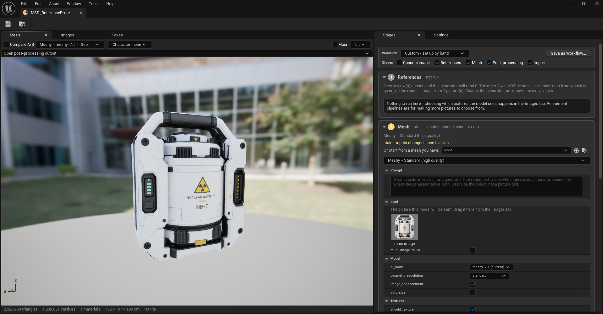 A Mesh Definition for a nuclear battery prop, shown in the viewer at 2,320,764 triangles, 1,239,651 vertices, 1 material, 152 by 107 by 190 cm, with Nanite. The Stages panel shows Concept image unticked while References, Mesh, Post-processing and Import are ticked. The References stage, marked 'not run', warns in amber: '3 extra view(s) chosen and this generator will read 0. The other 3 will NOT be sent — it reconstructs from what it is given, so the result is made from 1 picture(s). Change the generator, or remove the extra views.' The Mesh stage is stale, on the 'Meshy — Standard (high quality)' pipeline, showing one main image in its Input group with multi-image-to-3d unticked, and a Model group setting ai_model to meshy-7.1 (current), geometry_resolution to standard, image_enhancement ticked and auto_size unticked.