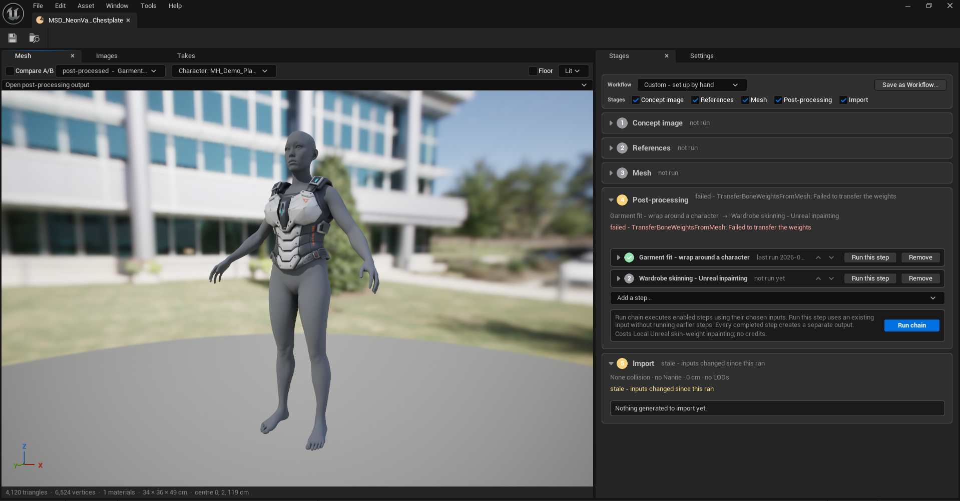 A Mesh Definition for a Neon Vanguard chest plate. The viewer shows the plate worn by a grey MetaHuman body, with the Character picker set to MH_Demo_Pla and the output picker on post-processed; the status bar reads 4,120 triangles, 6,524 vertices, 1 material, 34 by 36 by 49 cm. On the right, Post-processing is marked 'failed — TransferBoneWeightsFromMesh: Failed to transfer the weights'. Its two steps are listed separately: Garment fit, ticked, with a last-run date, and Wardrobe skinning, marked 'not run yet' — each with its own Run this step and Remove buttons, above an Add a step picker. A note reads that Run chain executes enabled steps, Run this step uses an existing input without running earlier steps, every completed step creates a separate output, and this one costs local Unreal skin-weight inpainting, no credits. The Import stage below is stale and reads 'Nothing generated to import yet.'