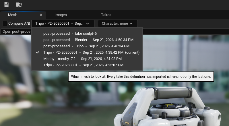 The viewer's output picker open, listing six entries newest first: 'post-processed — take sculpt-6'; 'post-processed — Blender' at 4:50:34 PM; 'post-processed — Tripo' at 4:46:34 PM; 'Tripo — P2-20260801' at 4:38:42 PM, ticked and marked current; 'Meshy — meshy-7.1' at 4:31:08 PM; and another 'Tripo — P2-20260801' at 4:25:07 PM. A tooltip beneath reads: 'Which mesh to look at. Every take this definition has imported is here, not only the last one.'