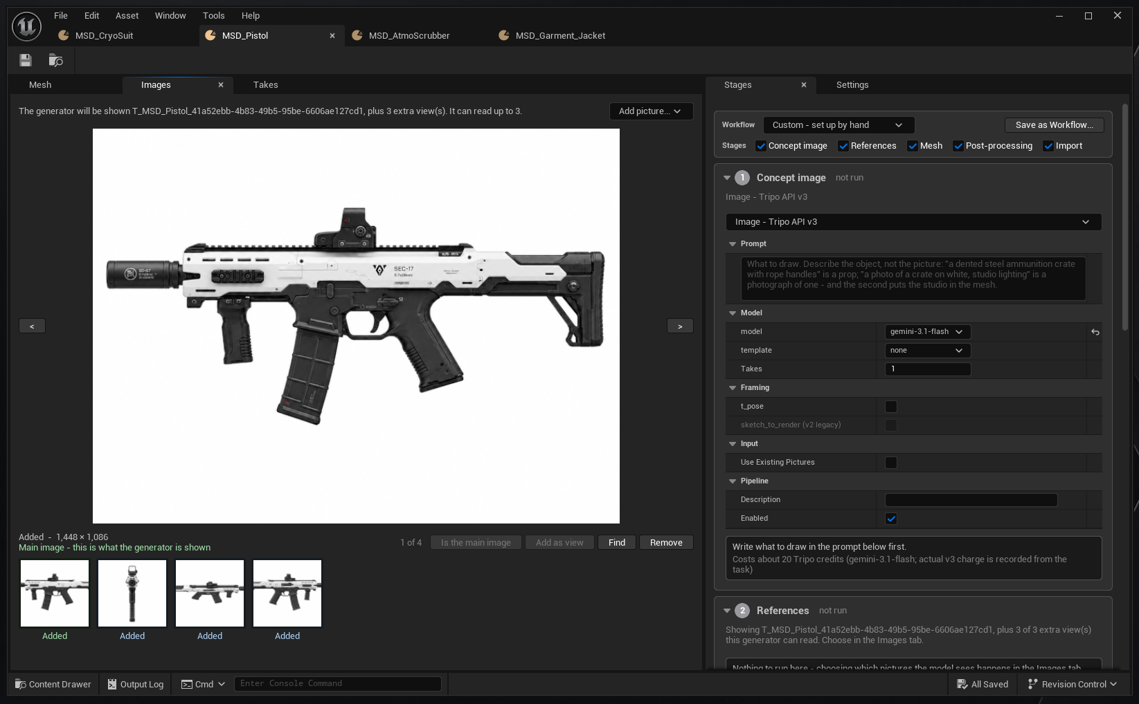 The Images tab of a Mesh Definition for the SEC-17 rifle. A line at the top reads: the generator will be shown T_MSD_Pistol_41a52ebb, plus 3 extra views. It can read up to 3. A large white-background render of the rifle fills the tab, with previous and next arrows. Beneath it: 'Added — 1,448 × 1,086' and, in green, 'Main image — this is what the generator is shown'. A strip of four thumbnails all marked Added sits below, with the counter '1 of 4' and buttons for Is the main image, Add as view, Find and Remove.