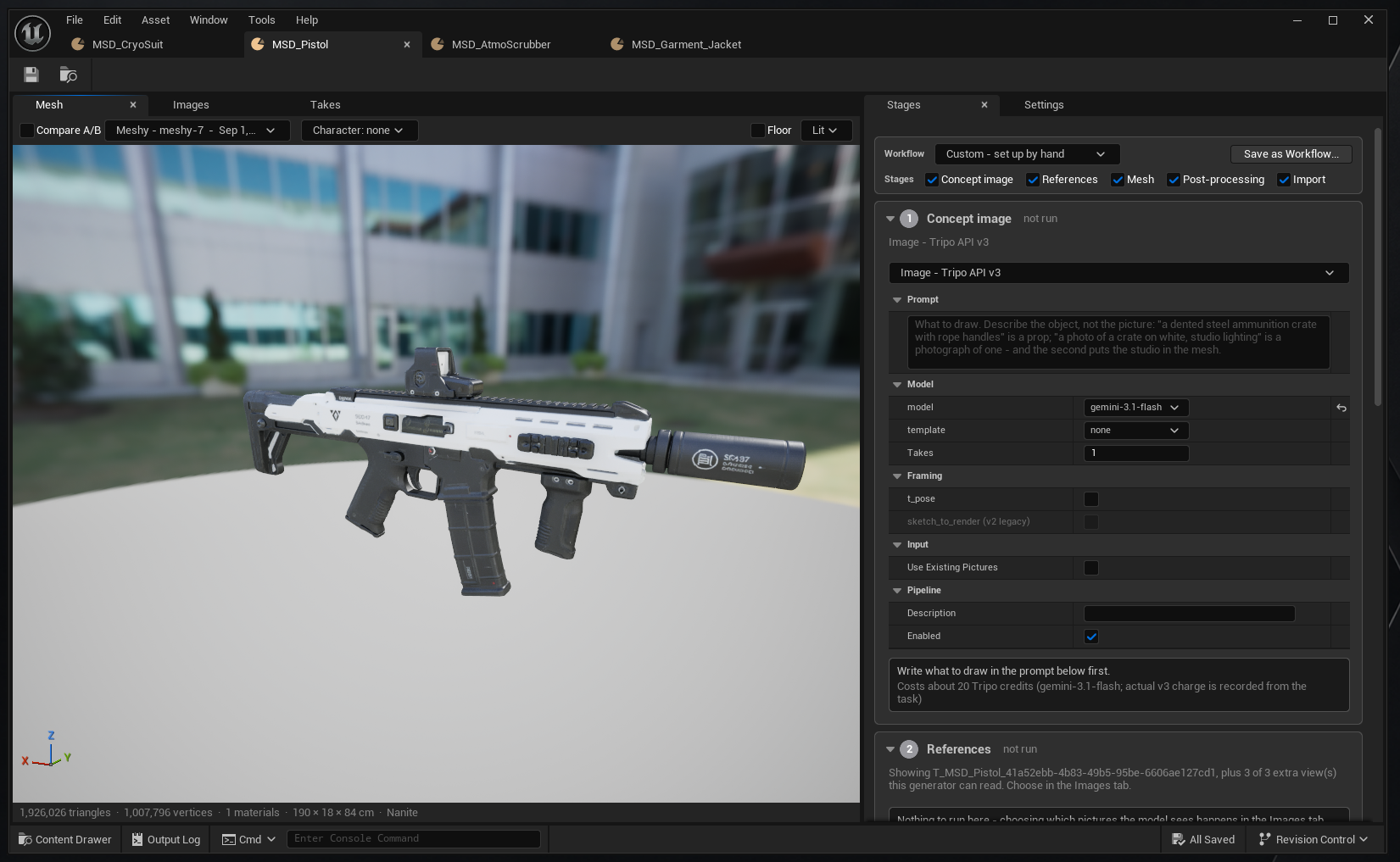 A Mesh Definition for a finished sci-fi rifle, the SEC-17, rendered in the Mesh viewer with its optic, suppressor and magazine. The take picker reads 'Meshy — meshy-7'; the status bar reads 1,926,026 triangles, 1,007,796 vertices, 1 material, 190 by 18 by 84 cm, Nanite. The Stages panel on the right shows all five stage switches — Concept image, References, Mesh, Post-processing and Import — with the Concept image stage expanded on the 'Image — Tripo API v3' pipeline. Its prompt field carries guidance: describe the object, not the picture, because a photo of a crate on white with studio lighting puts the studio in the mesh. Below are the vendor's settings — model gemini-3.1-flash, template, takes — Framing toggles, and a note that it costs about 20 Tripo credits with the actual charge recorded from the task.