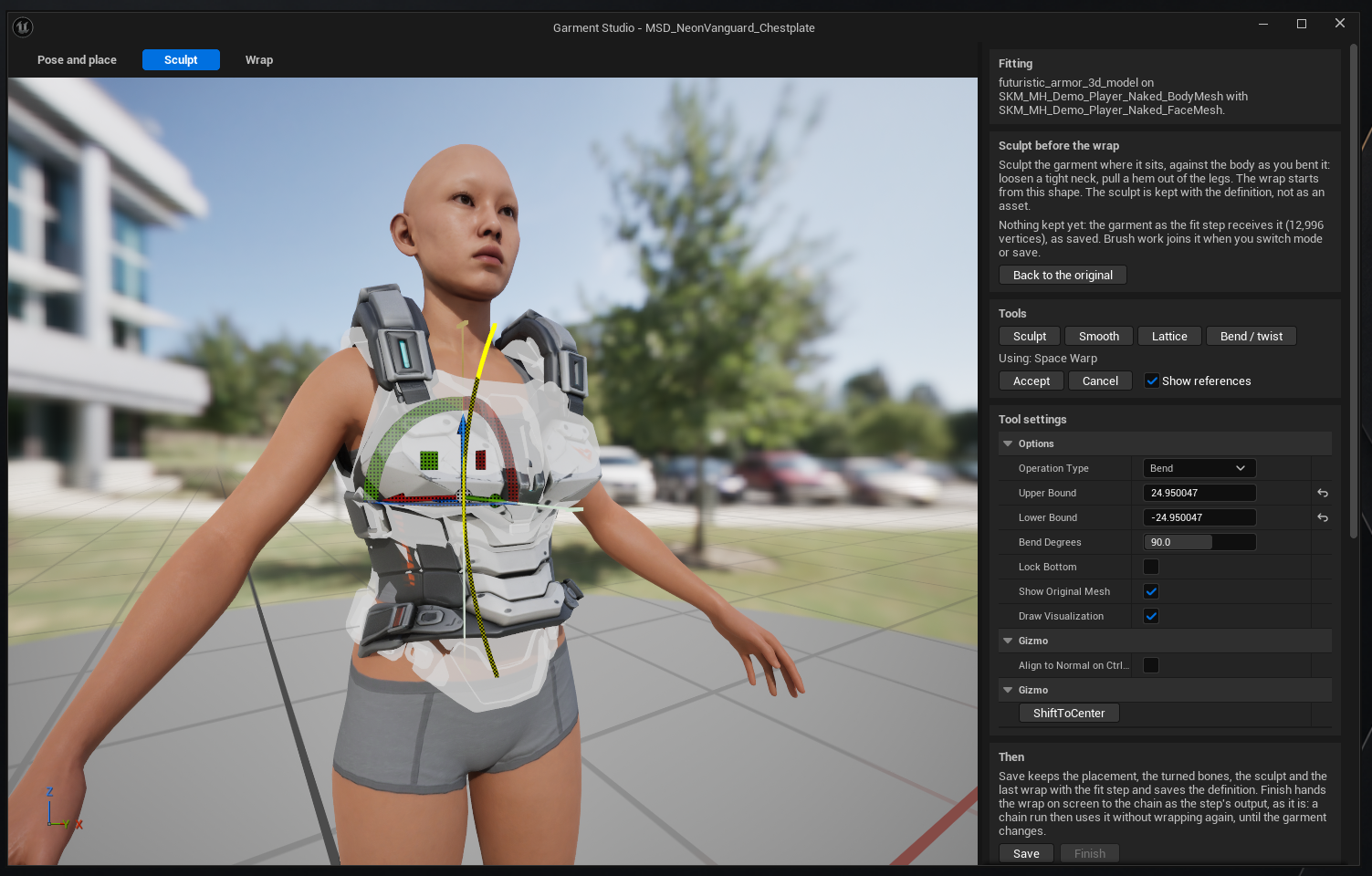 The Garment Studio in Sculpt mode using Space Warp. The chest plate is shown mid-bend with the original mesh drawn as a translucent overlay and a bend gizmo through it. Tool settings set Operation Type to Bend, with upper and lower bounds of about 25 and minus 25, Bend Degrees at 90, a Lock Bottom option, and both Show Original Mesh and Draw Visualization ticked.