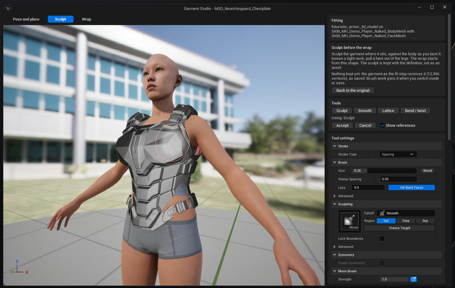 The Garment Studio in Sculpt mode. A brush circle sits on the chest plate, which is drawn untextured so its geometry reads. The right panel explains sculpting the garment where it sits, notes that the sculpt is kept with the definition rather than as an asset, and reports 'Nothing kept yet: the garment as the fit step receives it (12,996 vertices), as saved. Brush work joins it when you switch mode or save.' A Tools row offers Sculpt, Smooth, Lattice and Bend / twist with Sculpt in use, above Accept and Cancel and a ticked Show references. Tool settings below cover Stroke, Brush size, stamp spacing and lazy, a Sculpting group with a Move brush, falloff and region, Symmetry, and Move Brush strength.