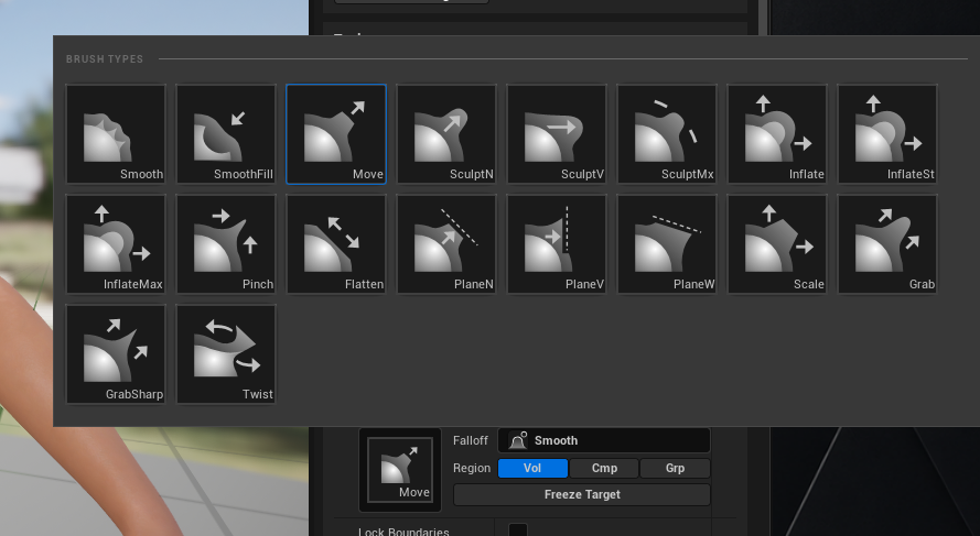 The brush type palette, showing eighteen brushes as labelled icons: Smooth, SmoothFill, Move (selected), SculptN, SculptV, SculptMx, Inflate, InflateSt, InflateMax, Pinch, Flatten, PlaneN, PlaneV, PlaneW, Scale, Grab, GrabSharp and Twist.