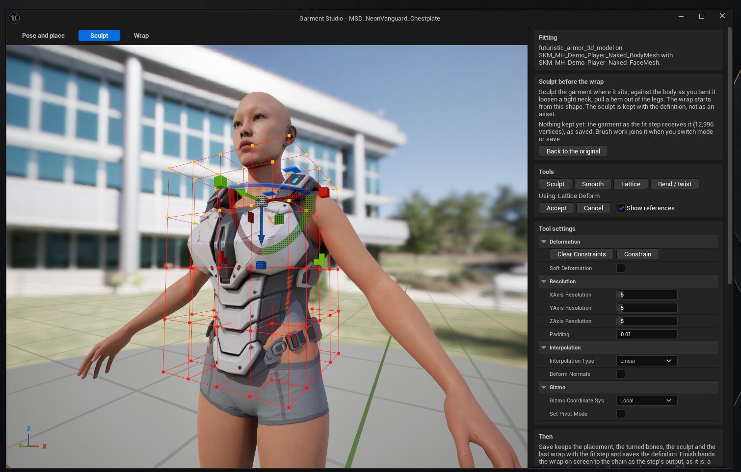 The Garment Studio in Sculpt mode using Lattice Deform. A red lattice cage of control points surrounds the chest plate, with a transform gizmo on one of them. Tool settings show Clear Constraints and Constrain buttons, a Soft Deformation option, X, Y and Z axis resolutions all set to 5, padding of 0.01, linear interpolation, a Deform Normals option, and gizmo coordinate settings.