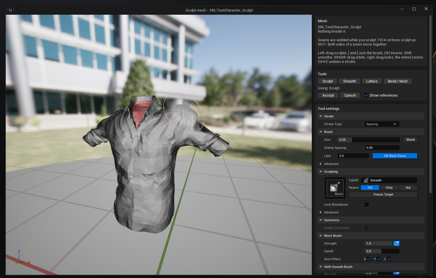 The standalone Sculpt mesh window, titled for SM_TestCharacter_Sculpt, showing a grey shirt mesh with a brush circle on its shoulder. The Mesh panel reports 'Nothing beside it' and states that seams are welded while you sculpt — 7,314 vertices sculpt as 6,911, and both sides of a seam move together. Below it the controls are listed: left-drag sculpts, square brackets size the brush, Ctrl inverts, Shift smooths, Alt with left-drag orbits, right-drag looks, the wheel zooms, Ctrl+Z undoes a stroke. A Tools row offers Sculpt, Smooth, Lattice and Bend / twist above Accept, Cancel and a ticked Show references, with brush and sculpting settings beneath.