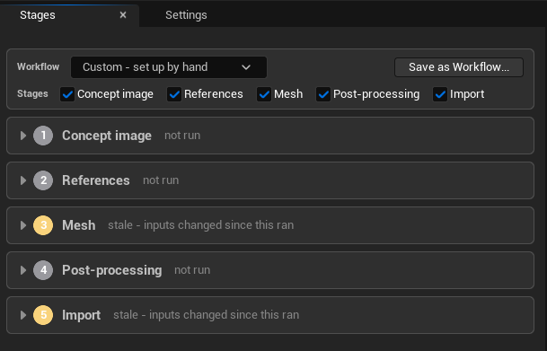 The Stages panel of a Mesh Definition. A Workflow picker reads 'Custom — set up by hand' beside a Save as Workflow button, above five stage tick-boxes: Concept image, References, Mesh, Post-processing and Import. Below, the five stages are listed collapsed and numbered: Concept image 'not run', References 'not run', Mesh in amber 'stale — inputs changed since this ran', Post-processing 'not run', and Import in amber 'stale — inputs changed since this ran'.