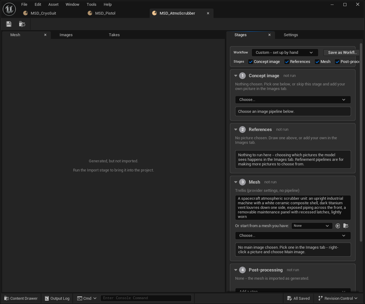 A Mesh Definition for a spacecraft atmospheric scrubber. The left viewer is empty and reads 'Generated, but not imported. Run the Import stage to bring it into the project.' The right half shows the Stages tab. The Mesh stage is marked 'not run' and headed 'Trellis (provider settings, no pipeline)', with the scrubber prompt beneath it, an option to start from an existing mesh, and a notice: 'No main image chosen. Pick one in the Images tab — right-click a picture and choose Main image.' Post-processing reads 'None — the mesh is imported as generated.'