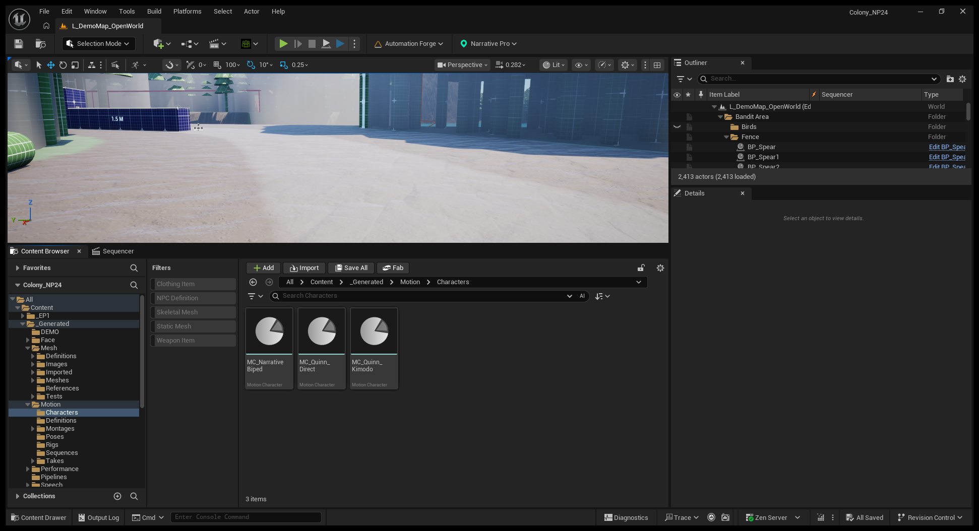The Colony project in the Unreal editor, with the Content Browser open on Content/_Generated/Motion/Characters. Three assets are shown — MC_NarrativeBiped, MC_Quinn_Direct and MC_Quinn_Kimodo — each labelled Motion Character beneath its tile. The folder tree on the left shows _Generated containing Face, Mesh, Motion, Performance, Pipelines and Speech, with Motion expanded into Characters, Definitions, Montages, Poses, Rigs, Sequences and Takes.