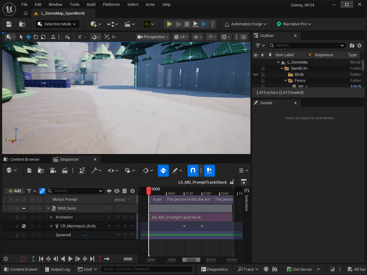 Colony's Unreal Editor shows the existing LS_MD_PromptTrackCheck sequence. Its Motion Prompt track has three adjacent purple sections above the SKM_Quinn animation and Control Rig tracks. The playhead is at the start; the imported animation spans the three prompt sections.