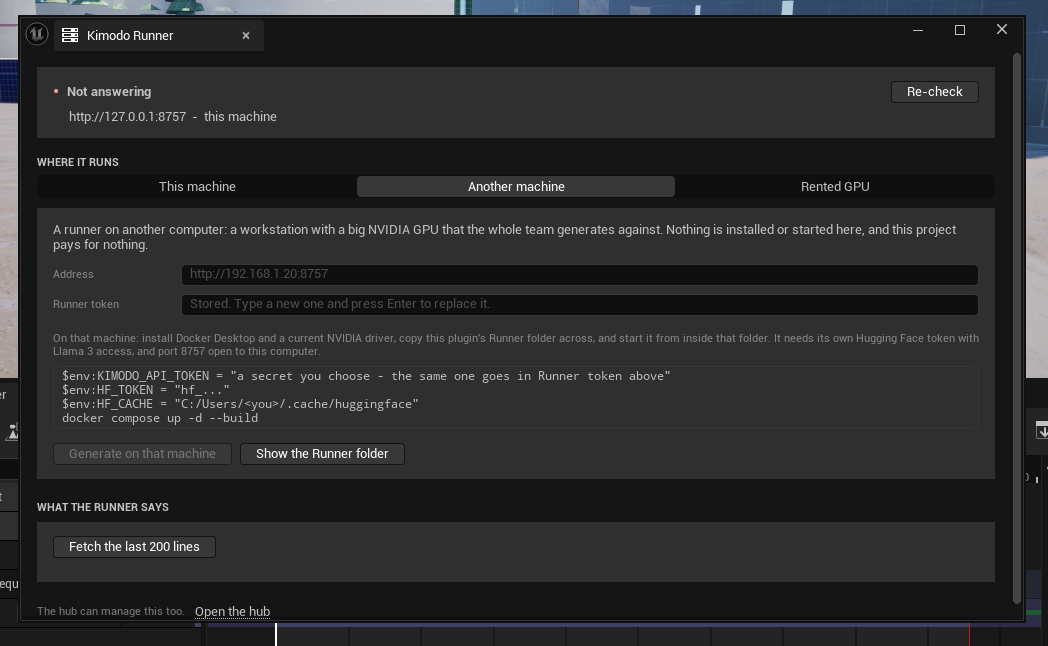 The Kimodo Runner panel on its 'Another machine' target. It describes a runner on another computer — a workstation with a big NVIDIA GPU that the whole team generates against — noting nothing is installed or started here and this project pays for nothing. Fields for Address and a Runner token, which reads 'Stored. Type a new one and press Enter to replace it.' Instructions follow for the other machine: install Docker Desktop and a current NVIDIA driver, copy the plugin's Runner folder across, and start it from inside that folder; it needs its own Hugging Face token with Llama 3 access and port 8757 open. A copyable block shows the four environment variables and the docker compose command. Buttons: Generate on that machine, and Show the Runner folder.