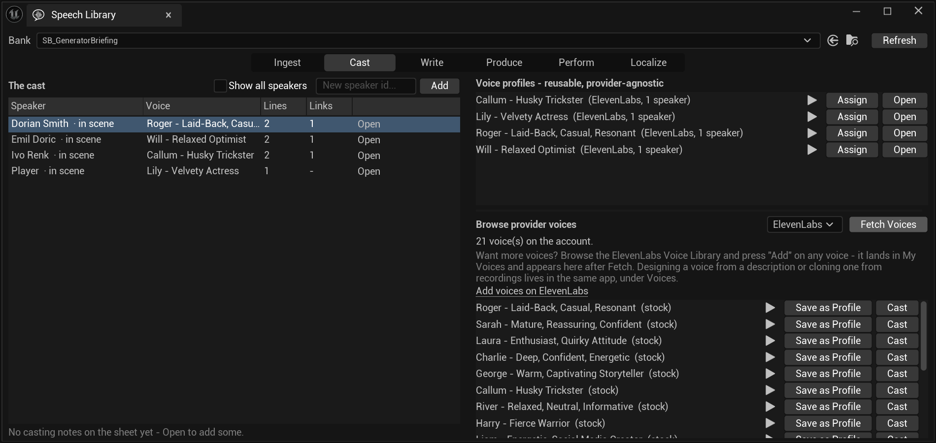 The Cast page after pressing Fetch Voices. Under 'Browse provider voices' a line reads '21 voice(s) on the account.', followed by guidance: browse the ElevenLabs Voice Library and press Add on any voice — it lands in My Voices and appears here after Fetch; designing a voice from a description or cloning one from recordings lives in the same app, under Voices. A link reads 'Add voices on ElevenLabs'. Beneath, a list of stock voices — Roger, Sarah, Laura, Charlie, George, Callum, River, Harry, Liam — each marked (stock) with a play button, a Save as Profile button and a Cast button.