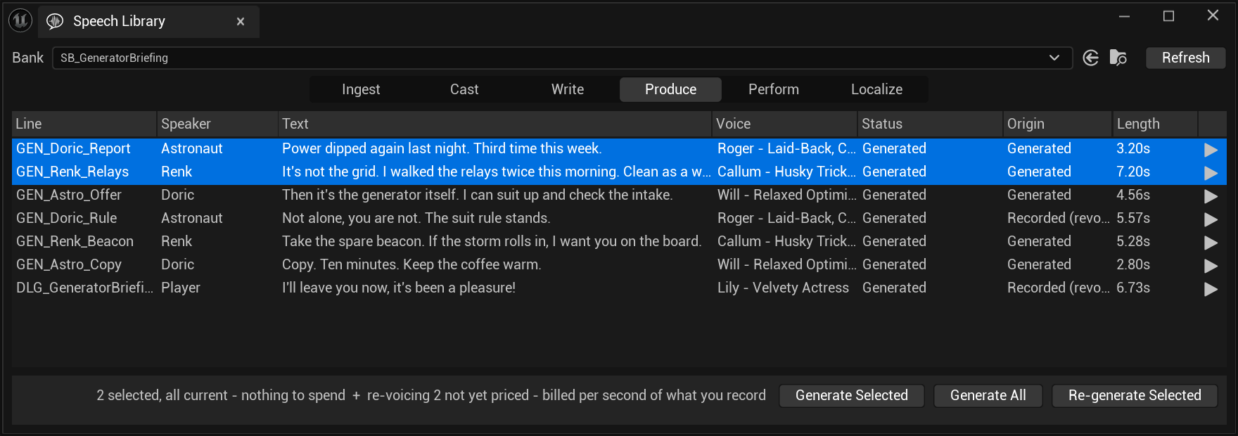 The same Produce page with the first two lines selected and highlighted in blue. A line at the foot reads: '2 selected, all current - nothing to spend  +  re-voicing 2 not yet priced - billed per second of what you record', beside the now-enabled Generate Selected, Generate All and Re-generate Selected buttons.