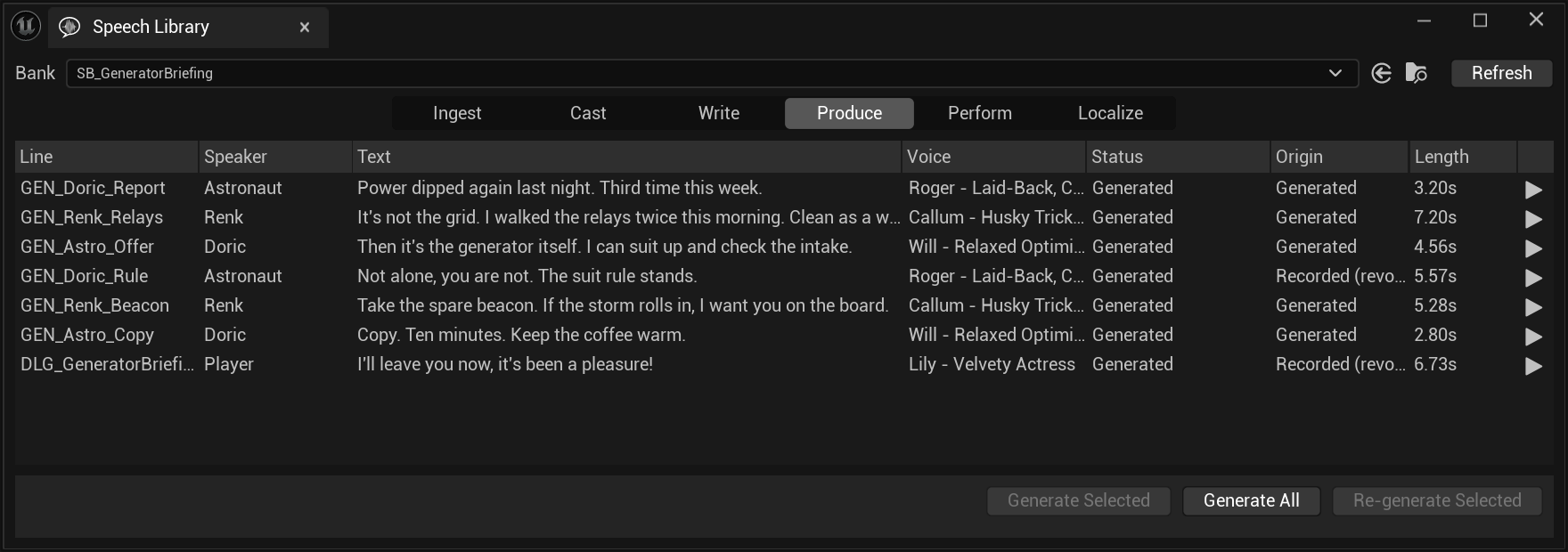 The Produce page of the Speech Library listing seven lines with separate Status and Origin columns. Every Status cell reads Generated. The Origin column reads Generated for five lines and 'Recorded (revo…' for GEN_Doric_Rule and the player's line. Lengths run 2.80s to 7.20s.