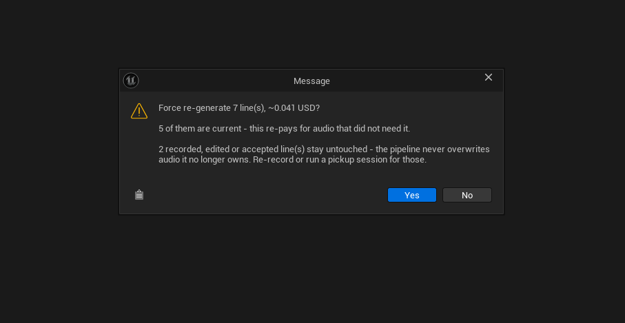 A modal Unreal Message dialog with a warning triangle. It reads: 'Force re-generate 7 line(s), ~0.041 USD?' Then: '5 of them are current - this re-pays for audio that did not need it.' Then: '2 recorded, edited or accepted line(s) stay untouched - the pipeline never overwrites audio it no longer owns. Re-record or run a pickup session for those.' A copy icon sits bottom left; Yes and No buttons bottom right, with Yes highlighted blue.