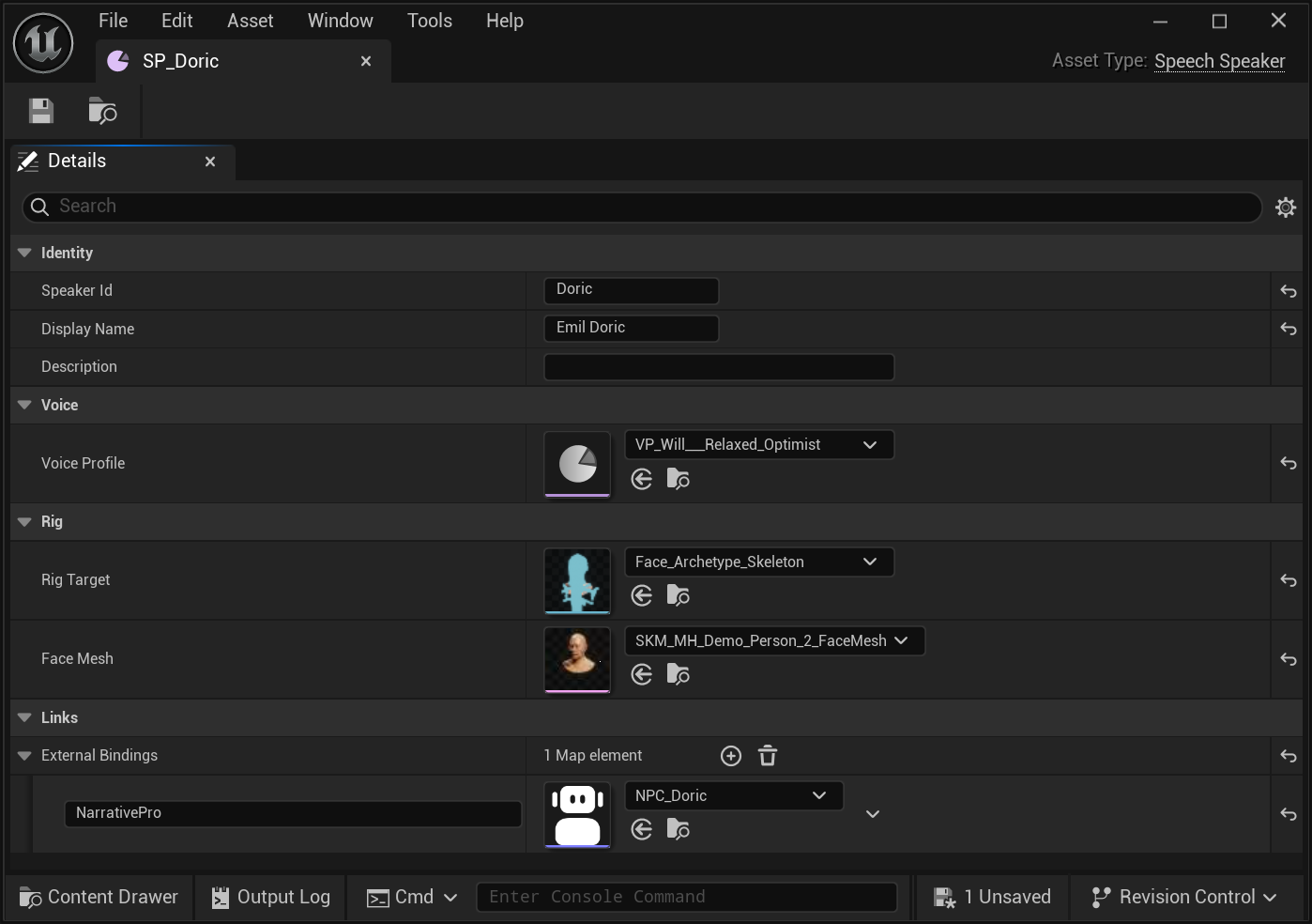 The SP_Doric asset open in its own editor, headed 'Asset Type: Speech Speaker'. An Identity section holds Speaker Id 'Doric', Display Name 'Emil Doric' and an empty Description. A Voice section holds Voice Profile VP_Will___Relaxed_Optimist. A Rig section holds Rig Target Face_Archetype_Skeleton and Face Mesh SKM_MH_Demo_Person_2_FaceMesh, each with an asset thumbnail. A Links section holds External Bindings: one map element keyed 'NarrativePro' pointing at NPC_Doric.